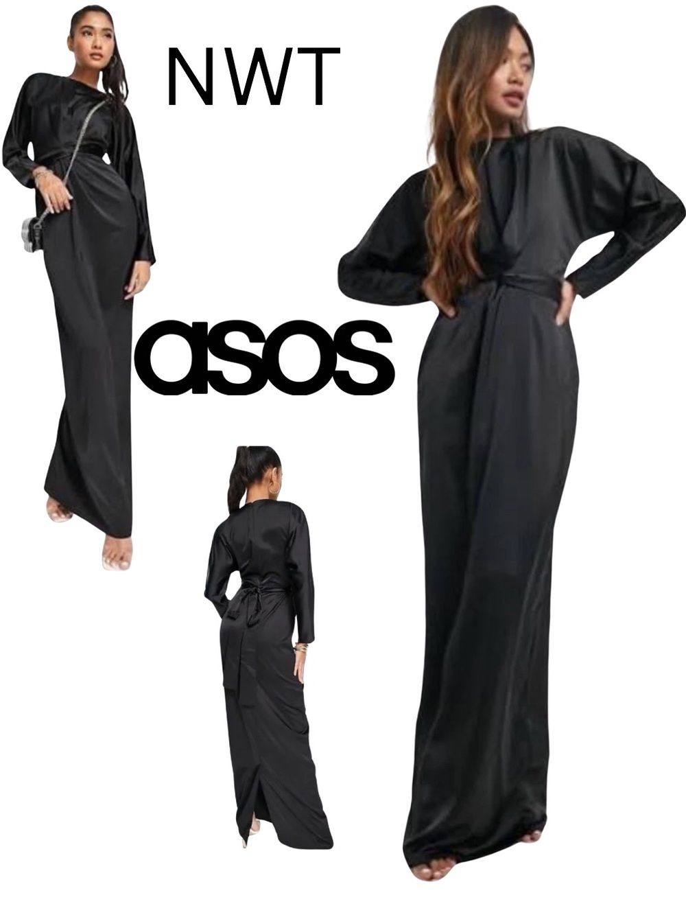 ASOS design Black Satin Maxi Dress with Tie Back